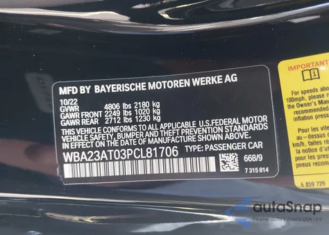 2023 BMW 4 Series 430I из США, поврежденный, VIN WBA23AT03PCL81706